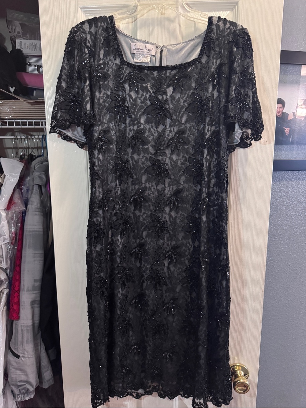 Laurence Kazar Black Beaded Lace Cocktail Dress